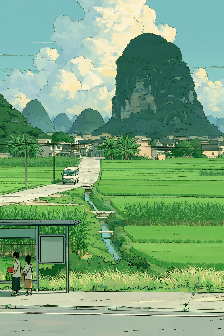 吉卜力/新海诚式的2D动漫风景、壮丽的喀斯特地貌