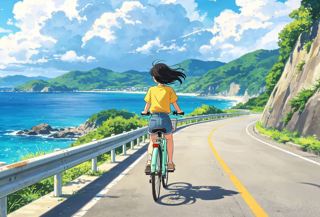 日系风格：海边公路+背影骑行+蓝天白云